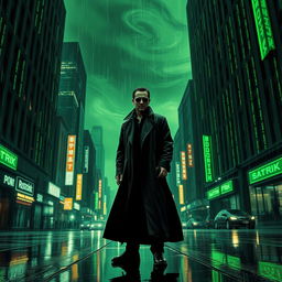 A dynamic scene inspired by the world of The Matrix, featuring dark, futuristic cityscapes filled with neon lights and high-tech architecture