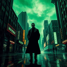 A dynamic scene inspired by the world of The Matrix, featuring dark, futuristic cityscapes filled with neon lights and high-tech architecture