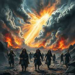 A dramatic and visually compelling representation of the Biblical Apocalypse, featuring a chaotic landscape filled with intense natural disasters such as raging storms, earthquakes, and volcanic eruptions