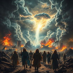 A dramatic and visually compelling representation of the Biblical Apocalypse, featuring a chaotic landscape filled with intense natural disasters such as raging storms, earthquakes, and volcanic eruptions