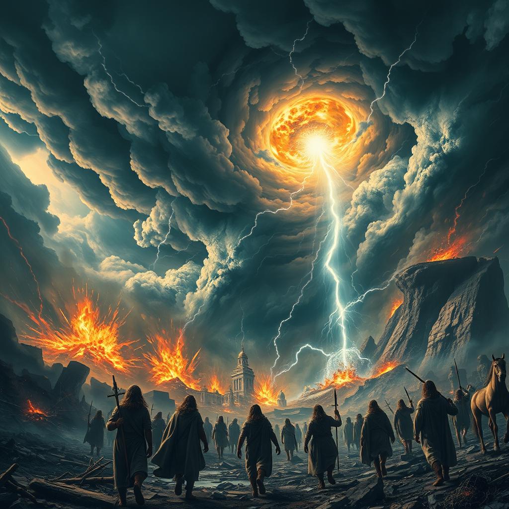 A dramatic and visually compelling representation of the Biblical Apocalypse, featuring a chaotic landscape filled with intense natural disasters such as raging storms, earthquakes, and volcanic eruptions