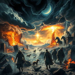 A dramatic and visually compelling representation of the Biblical Apocalypse, featuring a chaotic landscape filled with intense natural disasters such as raging storms, earthquakes, and volcanic eruptions