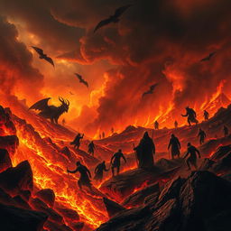 A fiery and dramatic depiction of hell as described in the Bible, featuring intense flames, dark smoke, and shadowy figures undergoing punishments