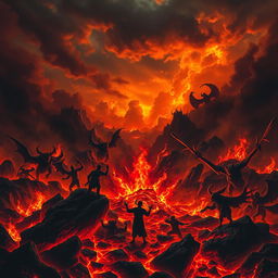 A fiery and dramatic depiction of hell as described in the Bible, featuring intense flames, dark smoke, and shadowy figures undergoing punishments