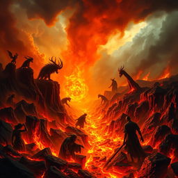 A fiery and dramatic depiction of hell as described in the Bible, featuring intense flames, dark smoke, and shadowy figures undergoing punishments