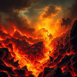 A fiery and dramatic depiction of hell as described in the Bible, featuring intense flames, dark smoke, and shadowy figures undergoing punishments