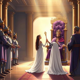 A vivid illustration portraying Queen Esther standing in the inner courtyard of the royal palace before King Ahasuerus, as described in Esther 5:1-2