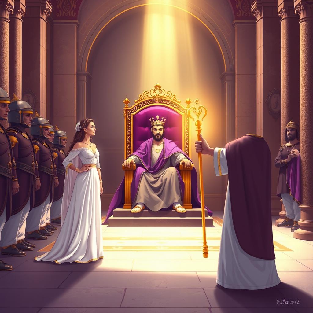 A vivid illustration portraying Queen Esther standing in the inner courtyard of the royal palace before King Ahasuerus, as described in Esther 5:1-2