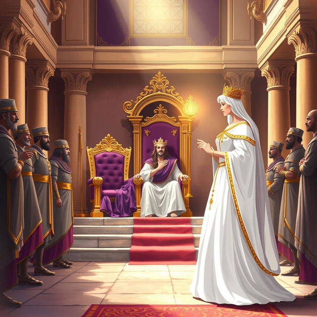 A vivid illustration portraying Queen Esther standing in the inner courtyard of the royal palace before King Ahasuerus, as described in Esther 5:1-2