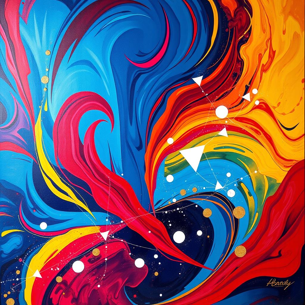 An abstract composition featuring vibrant colors and dynamic shapes that evoke a sense of movement and energy