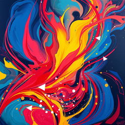 An abstract composition featuring vibrant colors and dynamic shapes that evoke a sense of movement and energy