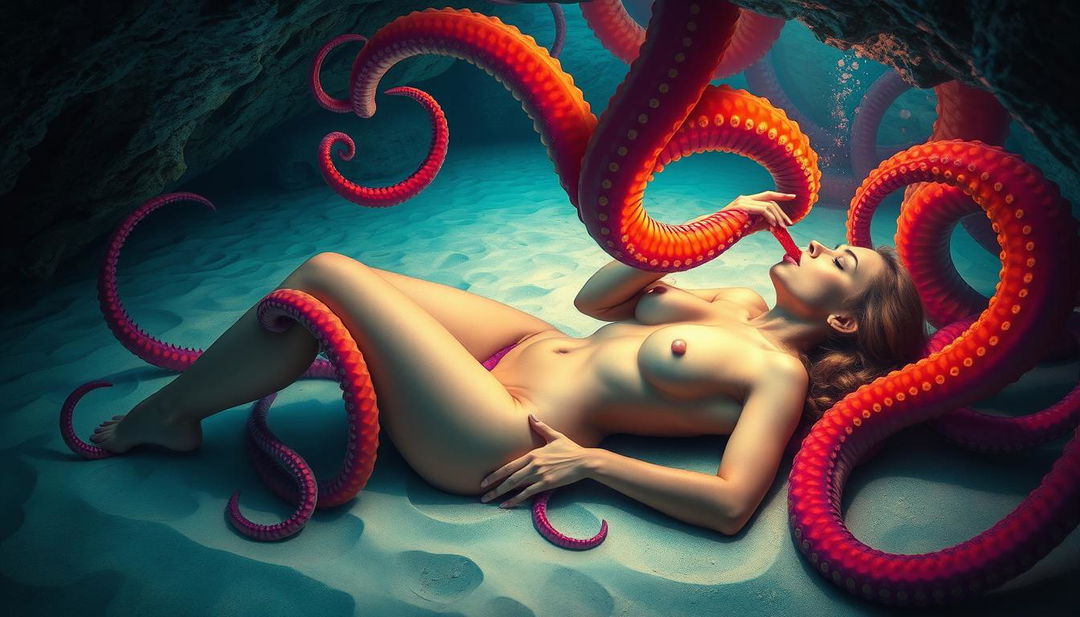 A captivating and surreal artwork depicting a stunning naked woman in an enchanting underwater cave, reclined against a sandy beach