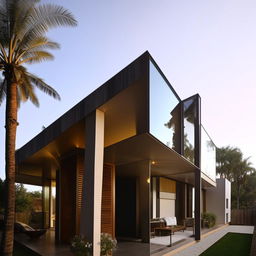 A modern two-story house with a glass roof on the second floor, shimmering under the sunlight.