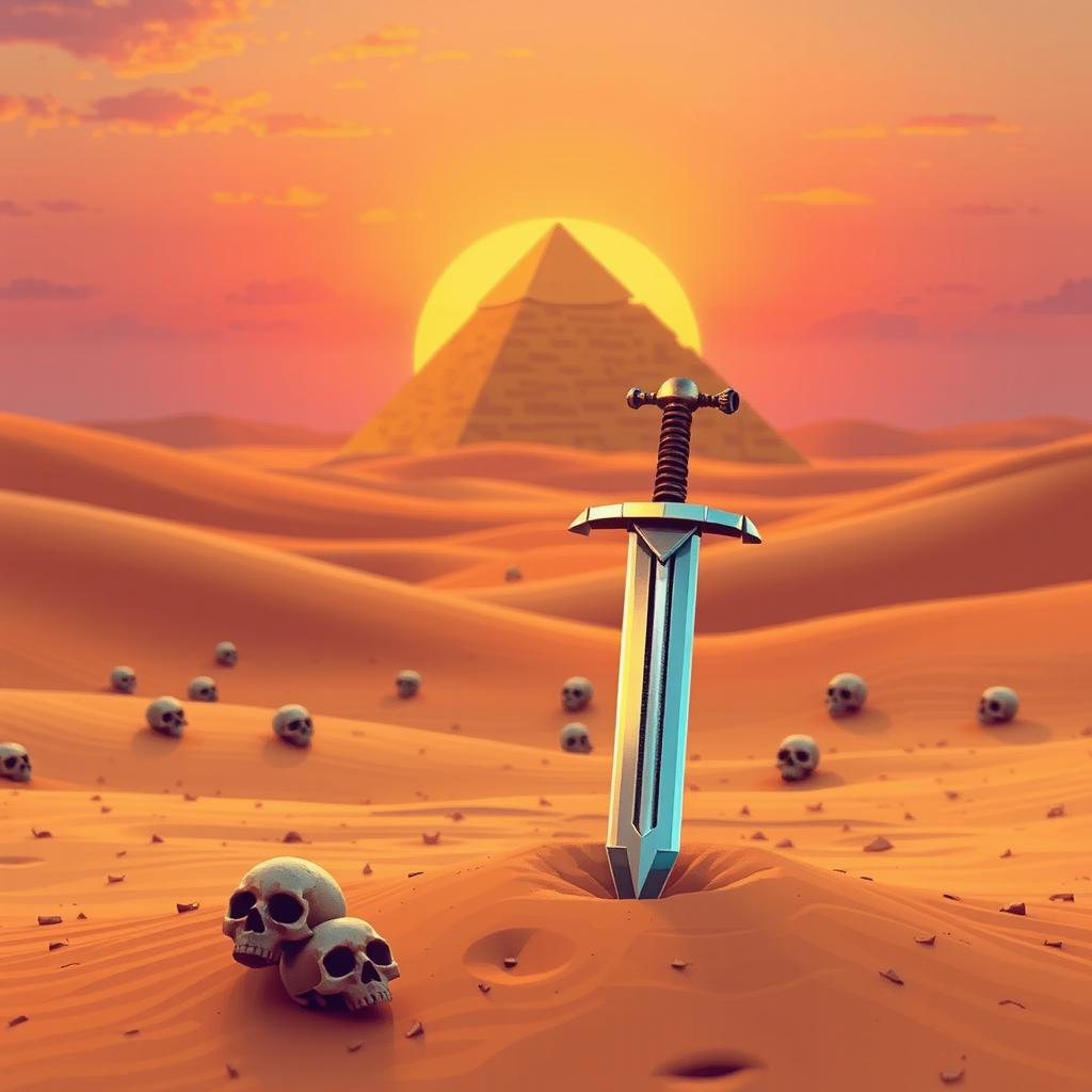 A miniaturized and pixelated epic desert scene featuring a barren landscape with rolling sand dunes