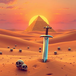 A miniaturized and pixelated epic desert scene featuring a barren landscape with rolling sand dunes