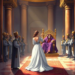 A rich illustration capturing the moment Queen Esther stands in the inner courtyard of the royal palace, as detailed in Esther 5:1-2