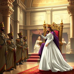 A rich illustration capturing the moment Queen Esther stands in the inner courtyard of the royal palace, as detailed in Esther 5:1-2