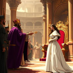 A rich illustration capturing the moment Queen Esther stands in the inner courtyard of the royal palace, as detailed in Esther 5:1-2