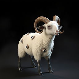 A realistic 3D rendering of a sacrificial lamb with a striking and surreal appearance