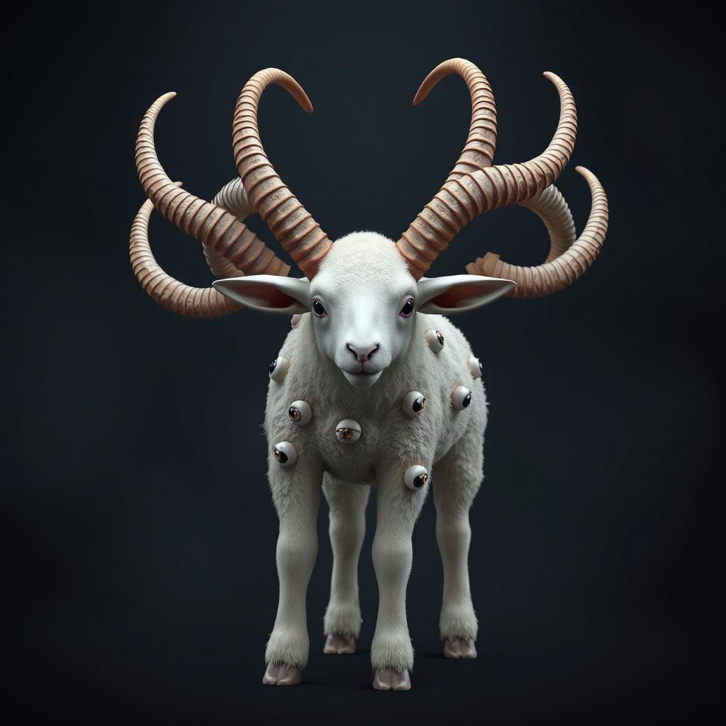 A realistic 3D rendering of a sacrificial lamb with a striking and surreal appearance