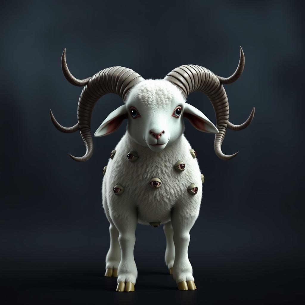 A realistic 3D rendering of a sacrificial lamb with a striking and surreal appearance