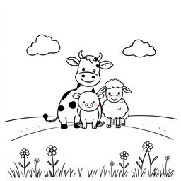 A charming black and white drawing of a farm scene designed for children, featuring three friendly animals positioned at the center: a cow, a pig, and a sheep arranged in a warm, inviting manner