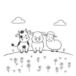 A charming black and white drawing of a farm scene designed for children, featuring three friendly animals positioned at the center: a cow, a pig, and a sheep arranged in a warm, inviting manner