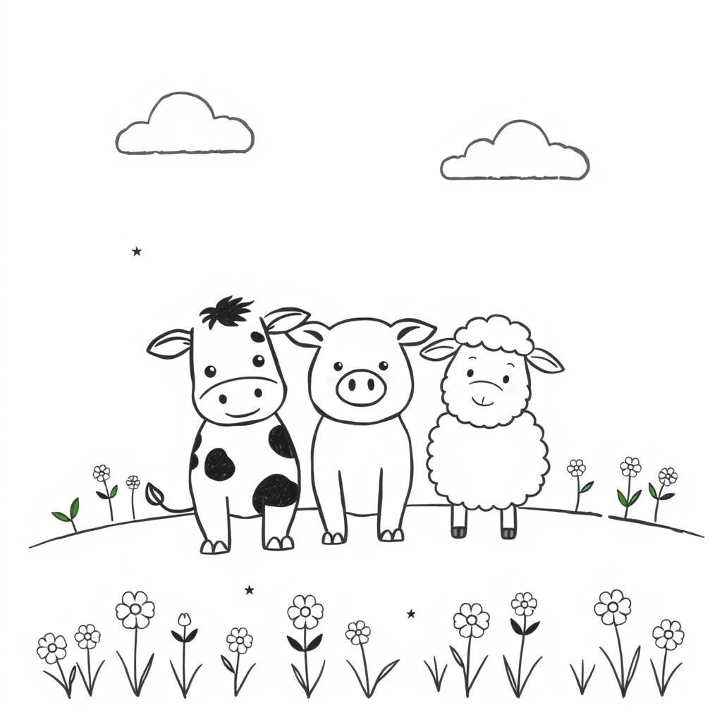 A charming black and white drawing of a farm scene designed for children, featuring three friendly animals positioned at the center: a cow, a pig, and a sheep arranged in a warm, inviting manner