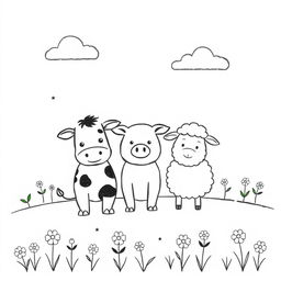 A charming black and white drawing of a farm scene designed for children, featuring three friendly animals positioned at the center: a cow, a pig, and a sheep arranged in a warm, inviting manner