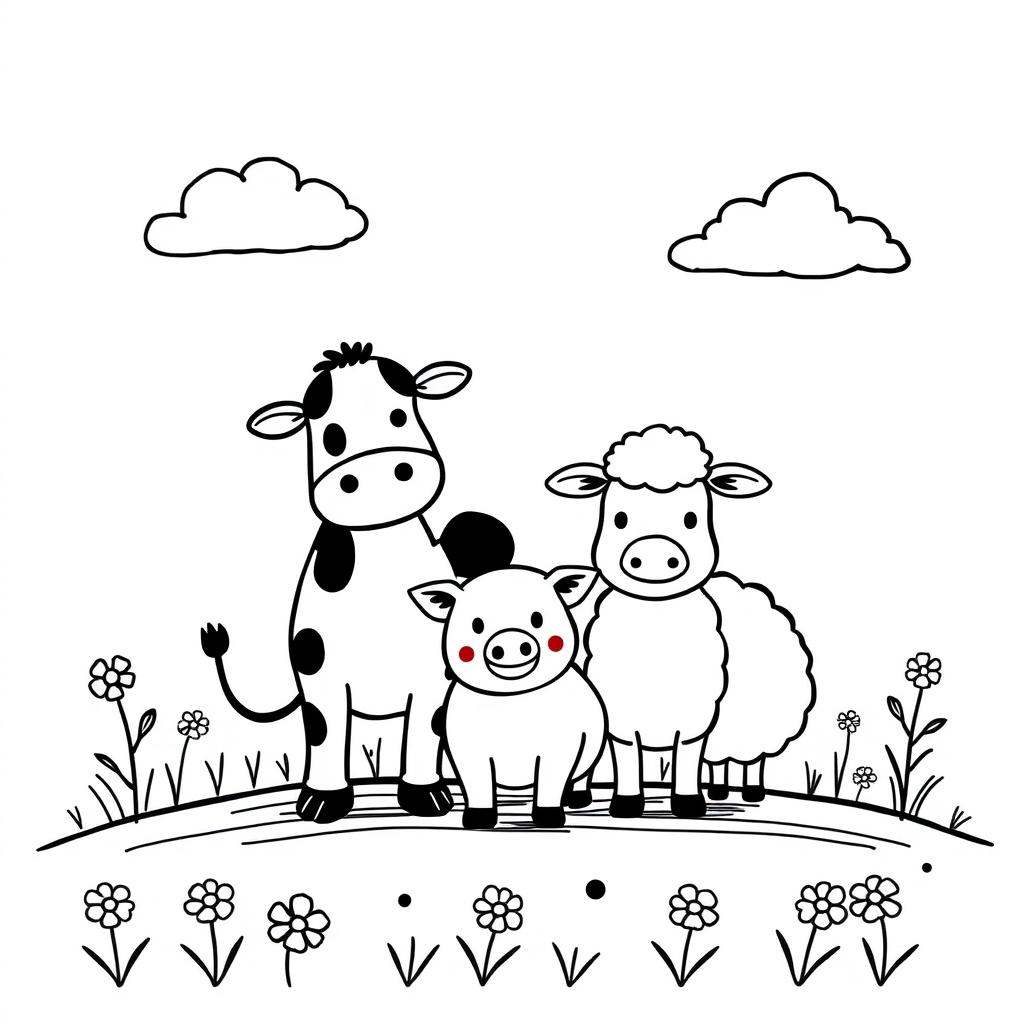 A charming black and white drawing of a farm scene designed for children, featuring three friendly animals positioned at the center: a cow, a pig, and a sheep arranged in a warm, inviting manner