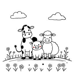 A charming black and white drawing of a farm scene designed for children, featuring three friendly animals positioned at the center: a cow, a pig, and a sheep arranged in a warm, inviting manner