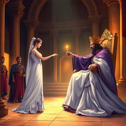 A compelling illustration capturing the moment Queen Esther approaches King Ahasuerus in the inner courtyard of the royal palace, based on Esther 5:1-2