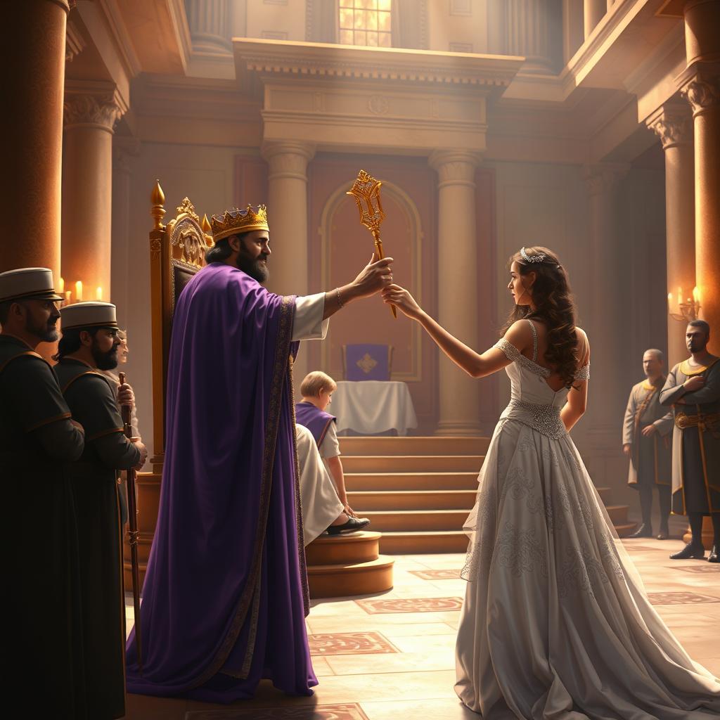 A compelling illustration capturing the moment Queen Esther approaches King Ahasuerus in the inner courtyard of the royal palace, based on Esther 5:1-2