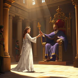 A compelling illustration capturing the moment Queen Esther approaches King Ahasuerus in the inner courtyard of the royal palace, based on Esther 5:1-2