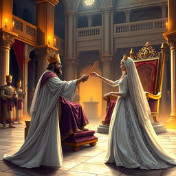 A compelling illustration capturing the moment Queen Esther approaches King Ahasuerus in the inner courtyard of the royal palace, based on Esther 5:1-2