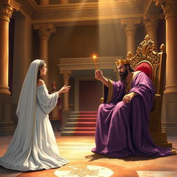 An evocative illustration of Queen Esther kneeling before King Ahasuerus in the inner courtyard of the royal palace, as narrated in Esther 5:1-2