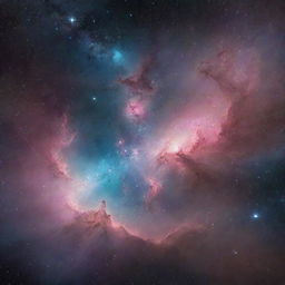 Generate an image of an ethereal cosmic landscape, illuminated by a distant galaxy with vibrant nebulas and twinkling stars.