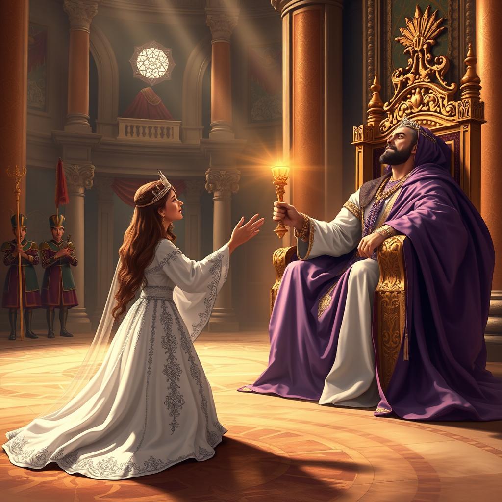 An evocative illustration of Queen Esther kneeling before King Ahasuerus in the inner courtyard of the royal palace, as narrated in Esther 5:1-2