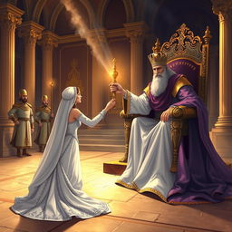 An evocative illustration of Queen Esther kneeling before King Ahasuerus in the inner courtyard of the royal palace, as narrated in Esther 5:1-2