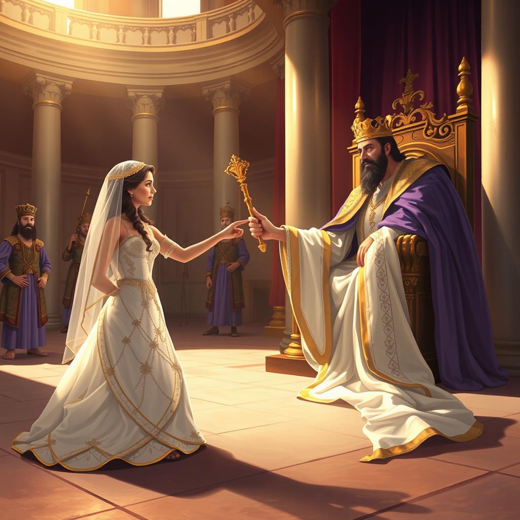 An evocative illustration of Queen Esther kneeling before King Ahasuerus in the inner courtyard of the royal palace, as narrated in Esther 5:1-2