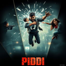 A dramatic film poster for a suspense thriller titled 'PIDDI', featuring an Indian man holding a baby tightly in his arms as he leaps from a tall building