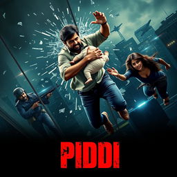 A dramatic film poster for a suspense thriller titled 'PIDDI', featuring an Indian man holding a baby tightly in his arms as he leaps from a tall building