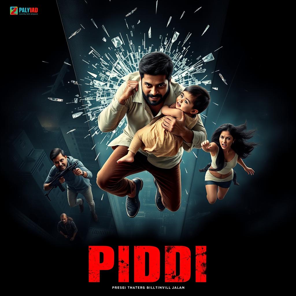 A dramatic film poster for a suspense thriller titled 'PIDDI', featuring an Indian man holding a baby tightly in his arms as he leaps from a tall building