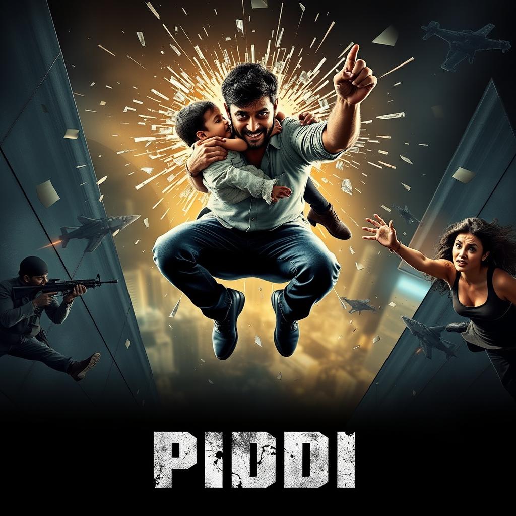 A dramatic film poster for a suspense thriller titled 'PIDDI', featuring an Indian man holding a baby tightly in his arms as he leaps from a tall building