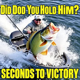 A thrilling thumbnail depicting a professional angler standing confidently in a sleek modern boat, intensely reeling in a massive bass that is violently splashing in the water