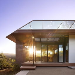 A modern two-story house with a glass roof on the second floor, shimmering under the sunlight.