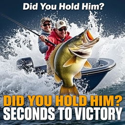 A thrilling thumbnail depicting a professional angler standing confidently in a sleek modern boat, intensely reeling in a massive bass that is violently splashing in the water