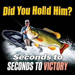 A thrilling thumbnail depicting a professional angler standing confidently in a sleek modern boat, intensely reeling in a massive bass that is violently splashing in the water