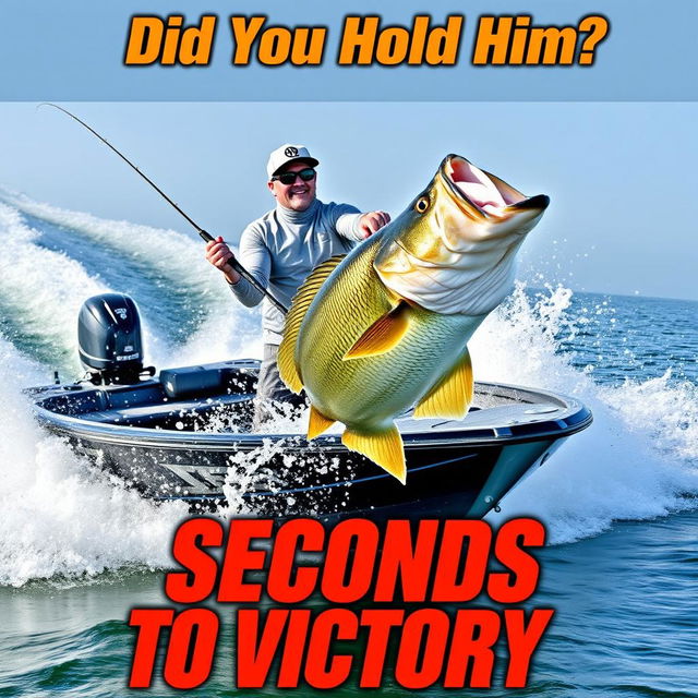 A thrilling thumbnail depicting a professional angler standing confidently in a sleek modern boat, intensely reeling in a massive bass that is violently splashing in the water