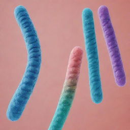 A macro view of several chromosomes, showing the detailed structure of centromeres. Each chromosome is distinctively colored and clearly identifiable, highlighted against a contrasting background.